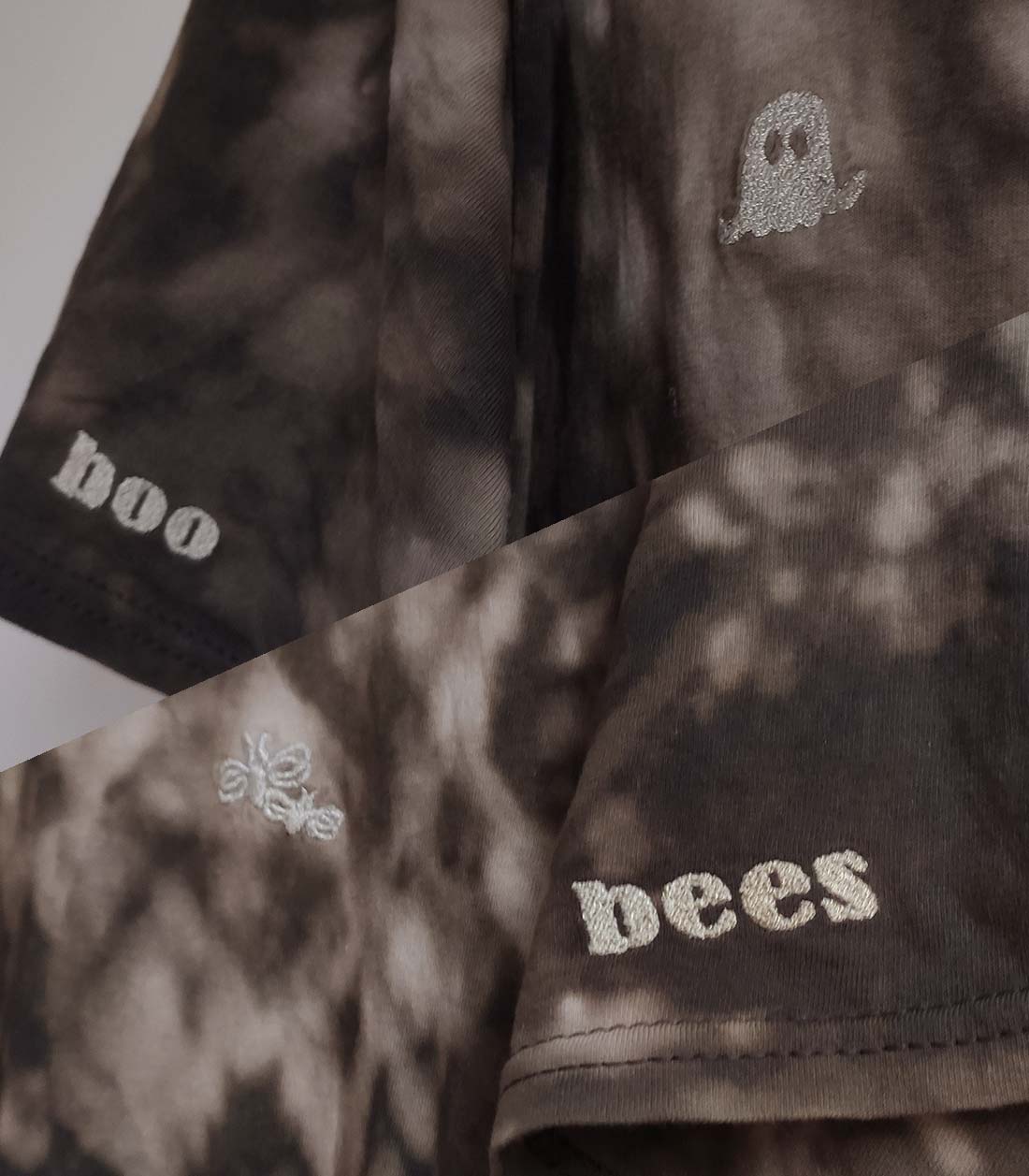 Nahaufnahme der Bestickten Schriftzüge und Motive auf dem T-Shirt Boo Bees