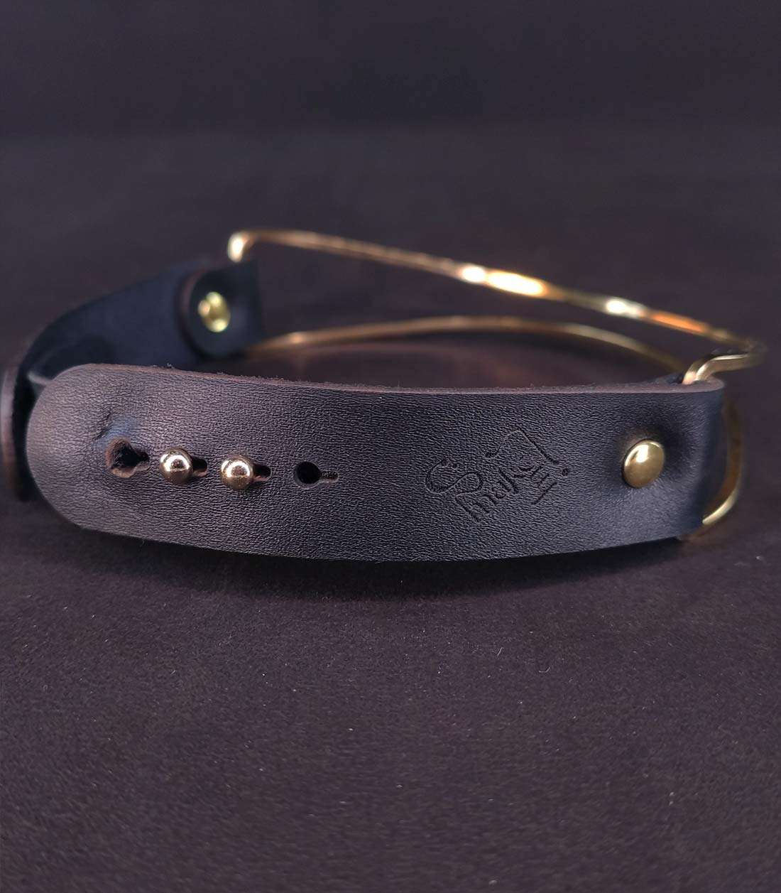 Rückseite von schwarzem Lederhalsband mit goldenem Edelstahlbügel und Steckverschluss über Stopper