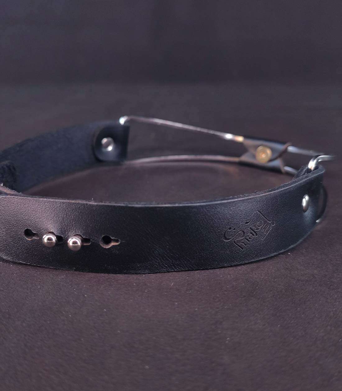 Rückseite von schwarzem Lederhalsband mit silbernem Edelstahlbügel und Steckverschluss über Stopper